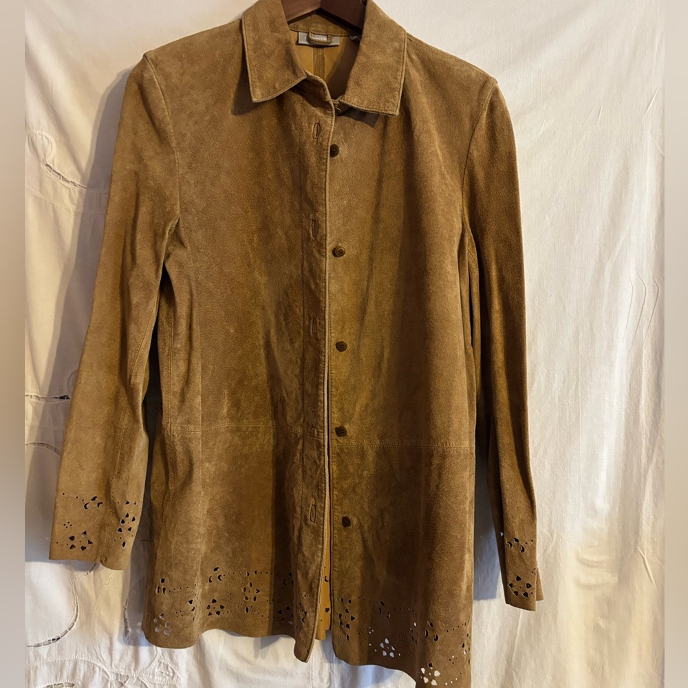 Nordstrom shirt suede leather jacket button front closure dark cream. Vintage